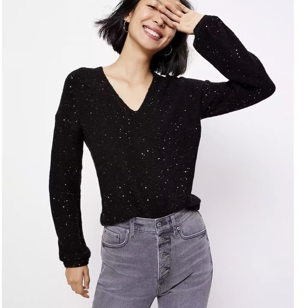 Loft Double V Neck Black Sequin Sweater Sz M Holiday, Party, NYE